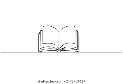 Continuous line drawing of book opening vector illustration, Continuous one line drawing open book with flying pages. Vector illustration education supplies back to school theme. Open book line art,