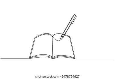 Continuous line drawing of book opening vector illustration, Continuous one line drawing open book with flying pages. Vector illustration education supplies back to school theme. Open book line art,