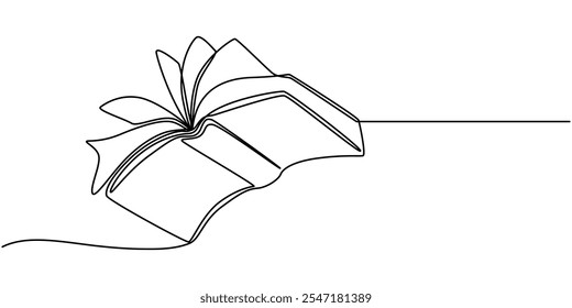 Continuous line drawing of book opening and closed vector illustration. Continuous one line drawing of opened book. One line drawing illustration of world book day. Education and knowledge concept 