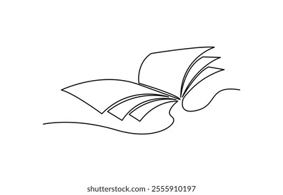 Continuous line drawing of book opening vector illustration, Continuous one line drawing of open book with flying pages, Continuous line drawing of book opening vector illustration.