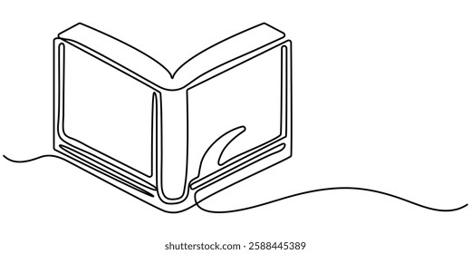  Continuous line drawing of book opening vector illustration, continuous line open book.simple one line drawing of open book.single line vector illustration of education icon.isolated white. 
