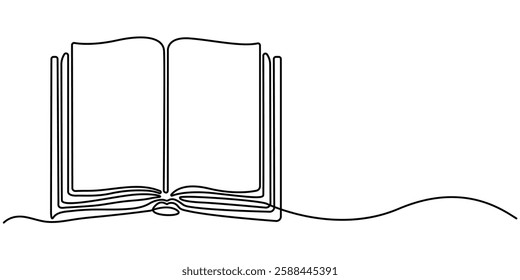  Continuous line drawing of book opening vector illustration, continuous line open book.simple one line drawing of open book.single line vector illustration of education icon.isolated white. 