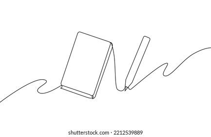 Dibujo continuo de línea de libro y lápiz, de vuelta a la escuela, objeto de una línea, arte de una sola línea, ilustración vectorial