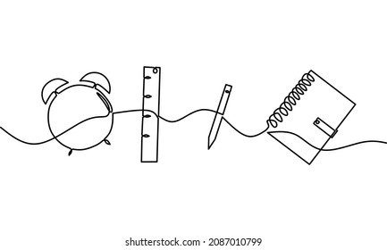 Continuous Line Drawing Of Book Pencil Ruler And Alarm Clock, Back To School, Object One Line, Single Line Art, Vector Illustration