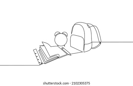 Continuous line drawing of book, pencil, bag, ruler and alarm, back to school, object one line, single line art, vector illustration