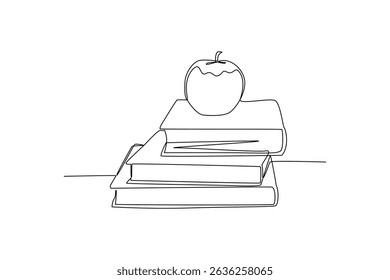 Continuous line drawing of books and apple symbolizing education