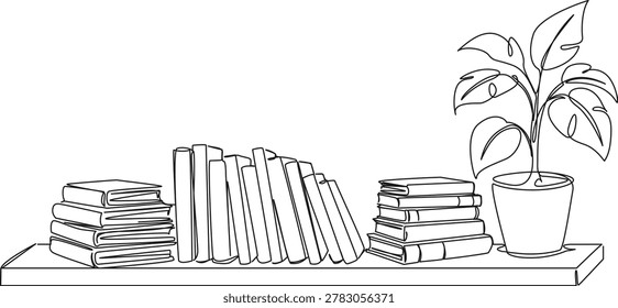 continuous line drawing of books on a shelf, line art vector illustration