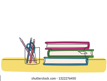 continuous line drawing of books and pencils