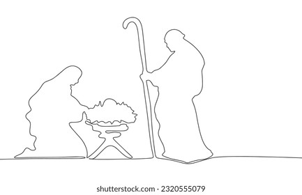 Continuous line drawing of born Jesus, Black and white vector minimalist illustration of religion concept