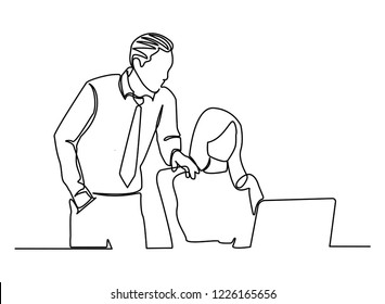 Continuous line, drawing of Boss consult with staff