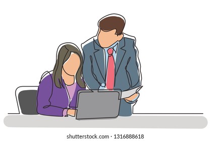 continuous line drawing of boss and employee discussing work task