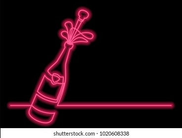 continuous line drawing of bottle of champagne with neon vector effect