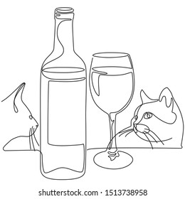 Continuous line drawing. Bottle and glass of wine. Cats. Vector illustration.