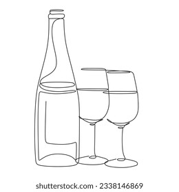 Continuous line drawing bottle and glass wine vector.