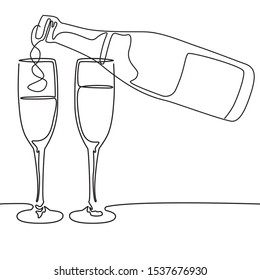 Continuous line drawing. Bottle and glasses of champagne wine. Vector illustration.