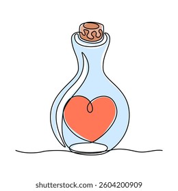 Continuous line drawing. Bottle with a heart inside. Love potion. Template for love cards and invitations. Isolated on white background. Hand drawn color vector illustration. 