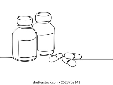 Desenho de linha contínua de um frasco com medicamentos. Ilustrando os fundamentos da saúde e bem-estar em um estilo minimalista. Ilustração vetorial.