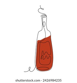 Continuous line drawing bottle of red wine. Alcoholic drink. Line art style illustration for menu, card, logo.
