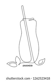 continuous line drawing from the bottle for smoothies with tubule and leaves