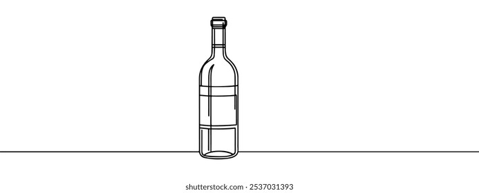Continuous line drawing. Bottle of wine. Vector illustration. Hand drawn linear silhouette icon. Minimal design element for print, banner, card, wall art poster, brochure, product logo.
