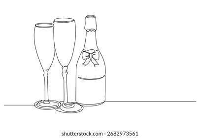 continuous line drawing bottle of wine with wineglass, glass of champagne or wine glass line art, wine bottle and glass continuous line art drawing
