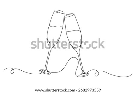 continuous line drawing bottle of wine with wineglass, glass of champagne or wine glass line art, wine bottle and glass continuous line art drawing