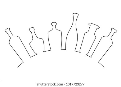 Continuous line drawing. Bottles for wine and cognac are placed in a semicircle. Lines black on white background.