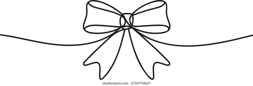 Desenho de linha contínua de um arco. Elegante arco decorativo. Arco de fita de presente. Decoração de celebração. Renderização artística simples de uma fita ligada. Elemento de design minimalista para convites e ocasiões festivas. Uma única arte de linha ininterrupta ilustrando uma forma clássica de arco em plano de fundo transparente.
