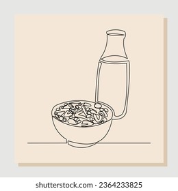 Dibujo continuo de un bol de desayuno de cereales y jarra de leche para botellas. Concepto único de alimentación sana. Ilustración del vector