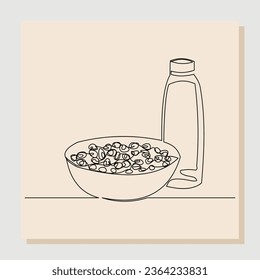 Continuous line drawing of a bowl of cereal breakfast and bottle pitcher of milk. Single line concept of healthy food. Vector illustration