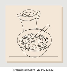 Dibujo continuo de un bol de desayuno de cereales y jarra de leche para botellas. Concepto único de alimentación sana. Ilustración del vector