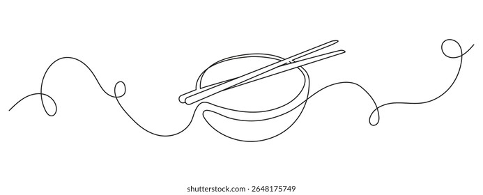 Desenho de linha contínua de uma tigela com pauzinhos. Ilustração de vetor desenhada à mão minimalista isolada em branco. Perfeito para design de comida asiática, logotipo, menu ou decoração.
