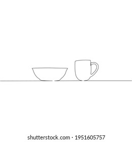 Continuous line drawing of bowl and mug, object one line, single line art simple, vector illustration