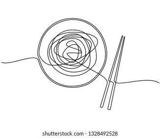 Continuous line drawing. bowl with a pair of isolated chopsticks on a white background. Vector