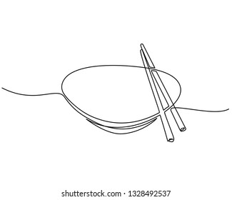 Continuous line drawing. bowl with a pair of isolated chopsticks on a white background. Vector