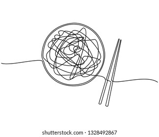 Continuous line drawing. bowl with a pair of isolated chopsticks on a white background. Vector