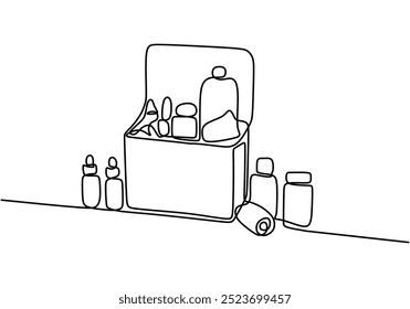 Continuous line drawing of a box of medications. Depicting essential healthcare items in a simple style. Vector illustration.