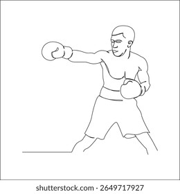 Continuous line drawing of a boxer throwing a straight punch, wearing gloves and boxing shorts, in a dynamic pose on white background.