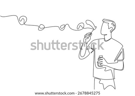 Continuous line drawing of a boy blowing bubbles, showing playfulness, youth, and joy, designed in a health concept and themed for National Making Life Beautiful Day celebration.