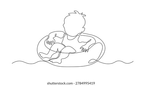 Continuous line drawing of a boy floating on a swimming ring, summer vacation and water safety concept, playful childhood moment, pool and beach leisure