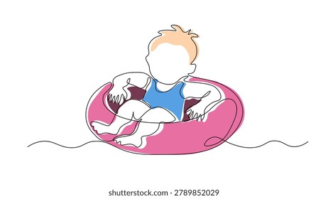 Continuous line drawing of a boy floating on a swimming ring, summer vacation and water safety concept, playful childhood moment, pool and beach leisure