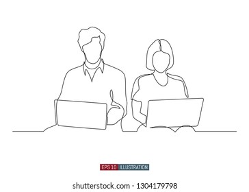 Continuous line drawing of boy and girl are sitting with laptops. Template for your design works. Vector illustration.