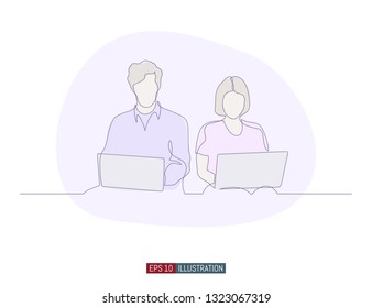 Continuous line drawing of boy and girl are sitting with laptops. Template for your design works. Vector illustration.