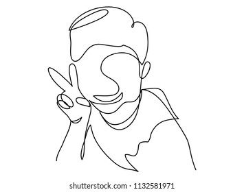 continuous line drawing of a boy holding two fingers happy smiling vector illustration