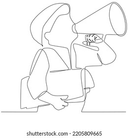 Continuous Line Drawing Of A Boy Holding Newspaper And Vintage Megaphone