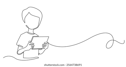 continuous line drawing of boy holding tablet.one line drawing of young man carrying tablet.simple single line vector illustration.isolated white background