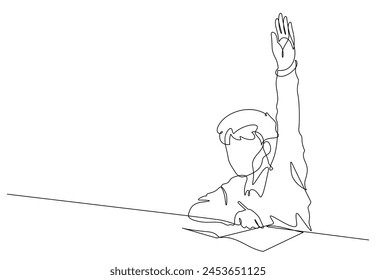 continuous line drawing of boy kid raising hand for asking teacher in classroom vector illustration