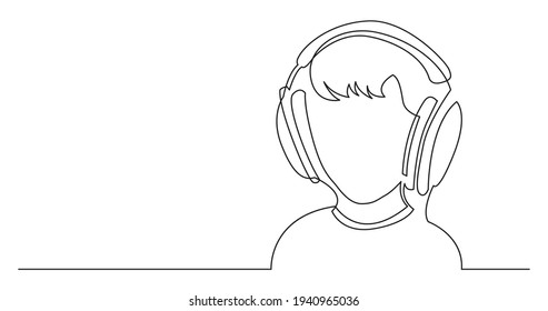 continuous line drawing of boy listening music in headphones