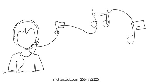 continuous line drawing of boy listening to music with headphones.one line drawing of young man enjoying music.single line vector illustration.isolated white background