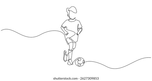 continuous line drawing of boy playing ball.single line drawing of boy dribbling ball on field.line art drawing of competition,football championship,football school